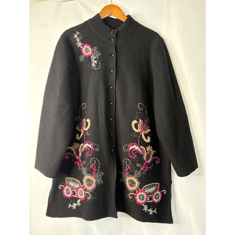 Vtg Alexandra Bartlett 2X 100% Wool Embroidered Black Cardigan Cottagecore Boho
